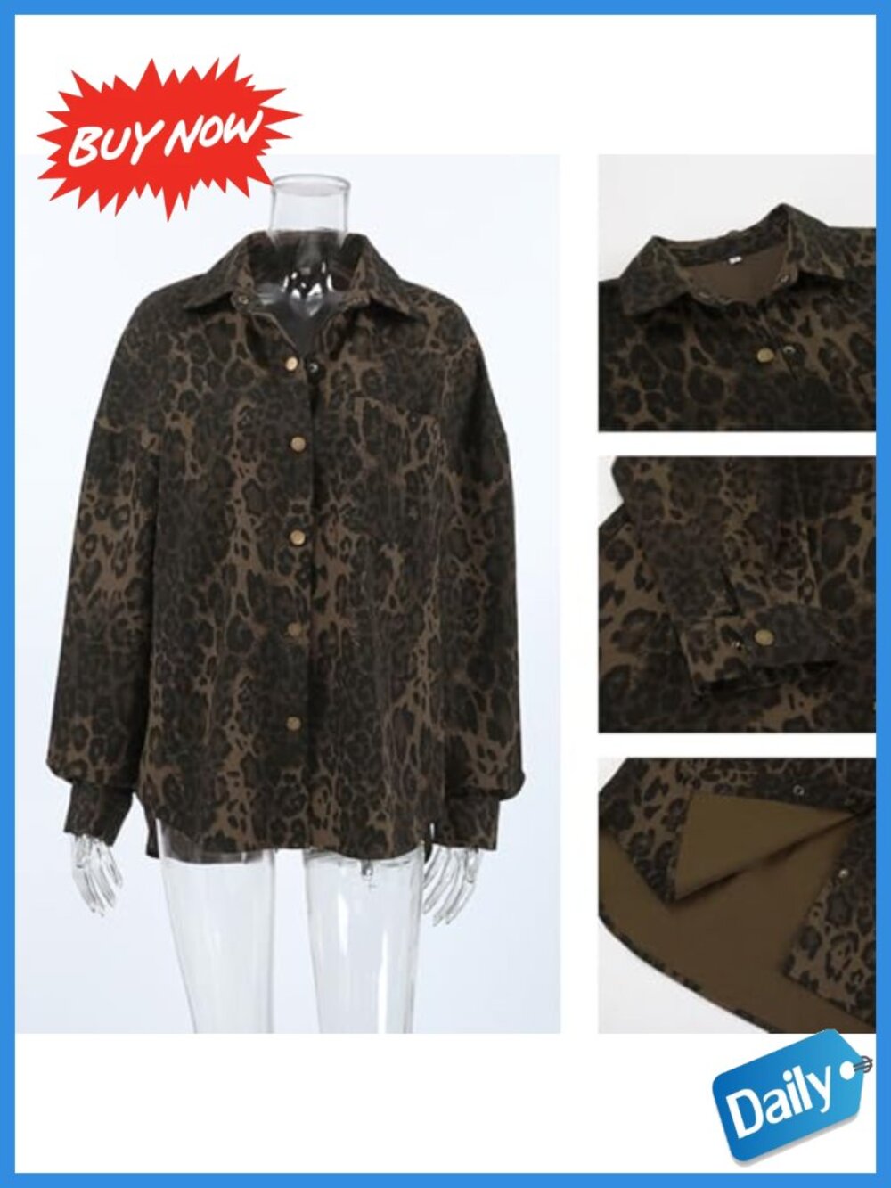 Oversized Leopard Print Shacket Button Down Jacket Fall - Picture 5 of 6